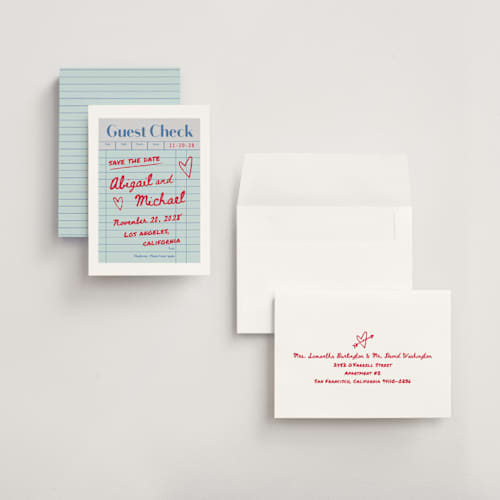 This is a mint save the date with standard by Jennifer Lew called guest check printing on signature in grand