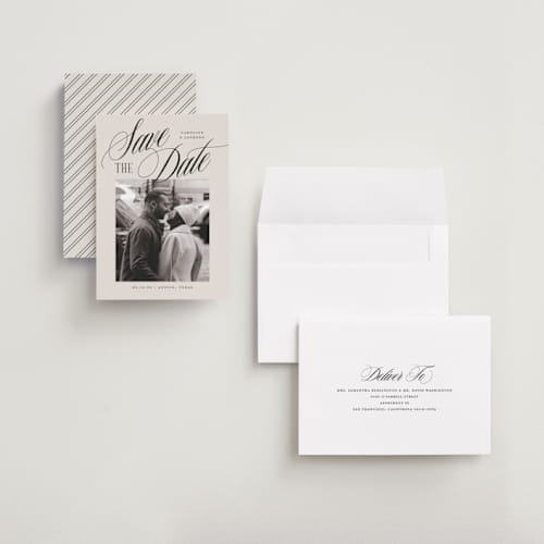 This is a buttercream save the date with standard by Jessica Williams called belmont printing on recycled smooth signature in grand