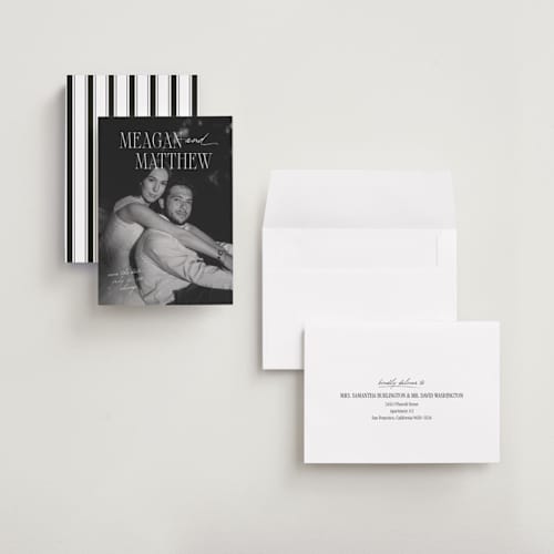 This is a pearl save the date with standard by Mellary Bitner called cover shot printing on recycled smooth signature in grand