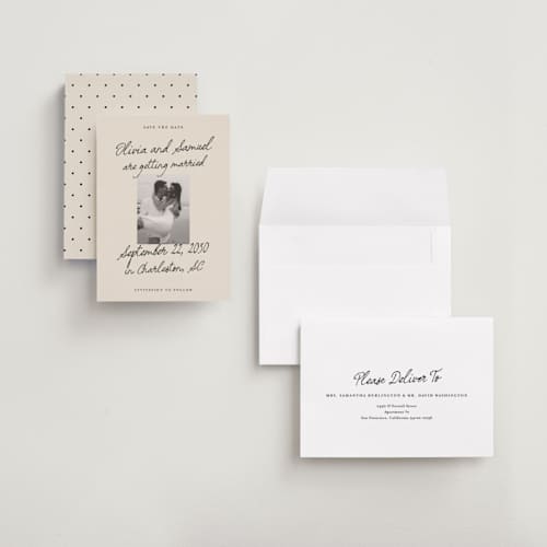 This is a linen save the date with standard by Kercia Jane called written in love printing on recycled smooth signature in grand
