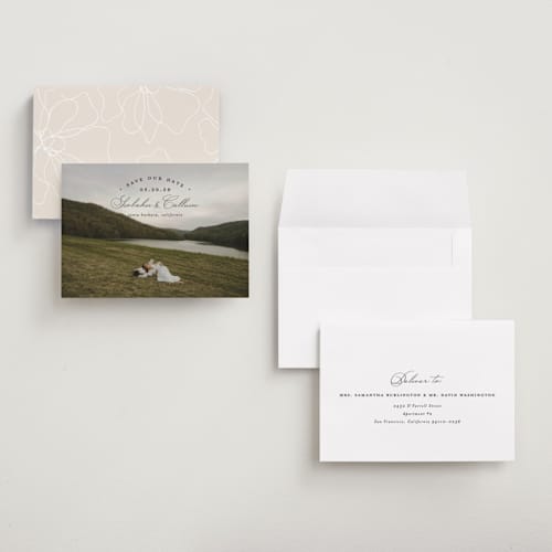 This is a onyx save the date with standard by Erica Krystek called arched type printing on recycled smooth signature in grand