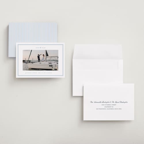 This is a ocean save the date with standard by Carolyn MacLaren called boathouse printing on recycled smooth signature in grand