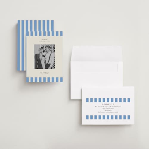 This is a sky save the date with standard by Jackie Crawford called modern border printing on recycled smooth signature in grand