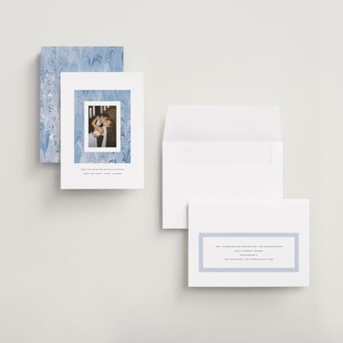 This is a sea save the date with standard by Olivia Kanaley Inman called marbled printing on recycled smooth signature in grand