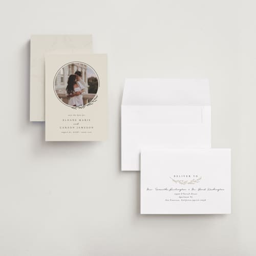 This is a almond save the date with standard by Brianne Larsen called branched printing on recycled smooth signature in grand