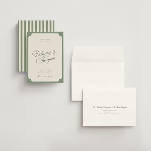 This is a olive save the date with standard by Cass Loh called classic bold border printing on signature in grand
