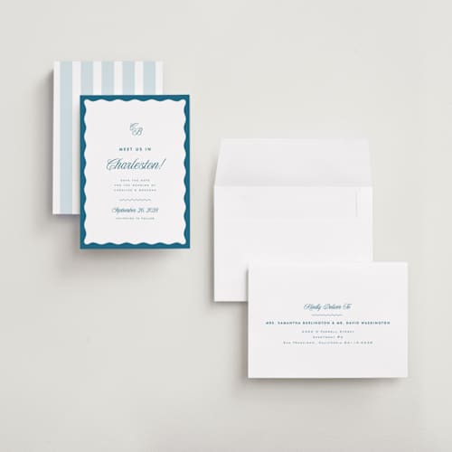 This is a ocean save the date with standard by Kelly Schmidt called meet us printing on signature in grand