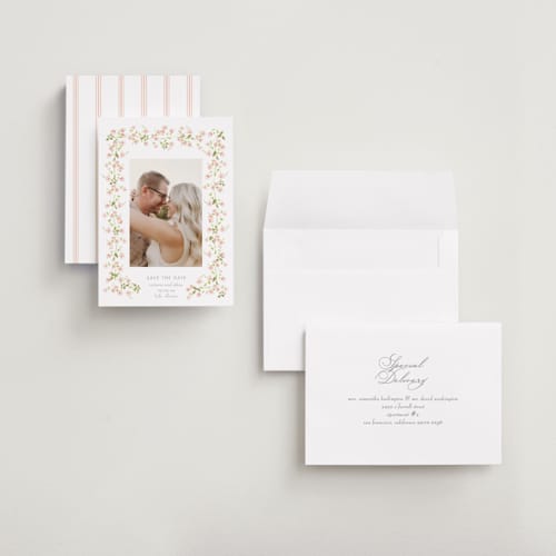 This is a peony save the date with standard by Baumbirdy called rosebud printing on recycled smooth signature in grand