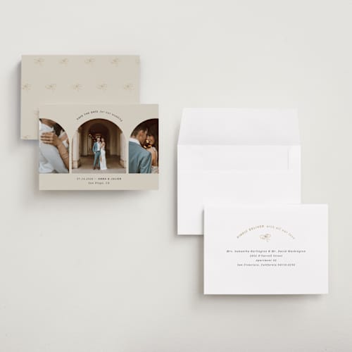 This is a sand save the date with standard by Kristin Oliversen called pure elegance printing on recycled smooth signature in grand