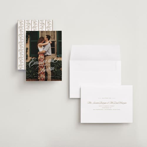 This is a cotton save the date with standard by Susan Zinader called sentimental script printing on recycled smooth signature in grand