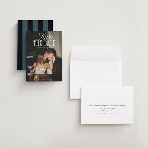 This is a porcelain save the date with standard by Maria Alou called his & hers printing on recycled smooth signature in grand