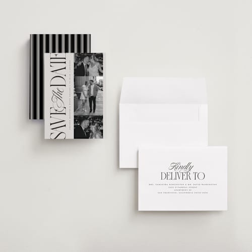 This is a stone save the date with standard by Laura Hankins called sideline printing on recycled smooth signature in grand