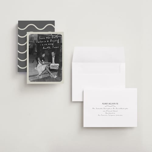 This is a toasted marshmallow save the date with standard by Anna Elder called film printing on recycled smooth signature in grand