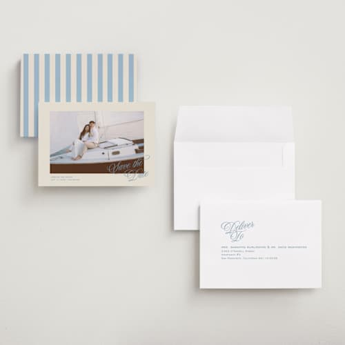 This is a capri save the date with standard by Creo Study called classic contemporary printing on recycled smooth signature in grand