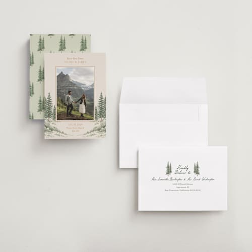 This is a forest save the date with standard by Elly called whispering pines printing on recycled smooth signature in grand