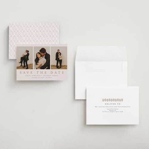 This is a sand save the date with standard by Nicole Walsh called elegant trio printing on recycled smooth signature in grand