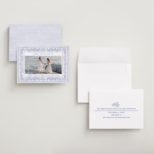 This is a cerulean save the date with standard by Jenna Holcomb called provincial printing on recycled smooth signature in grand