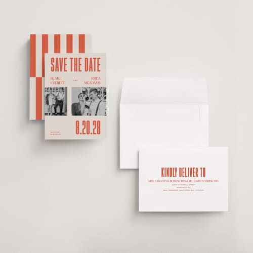 This is a sunset save the date with standard by Rachel Cassel called poster printing on recycled smooth signature in grand