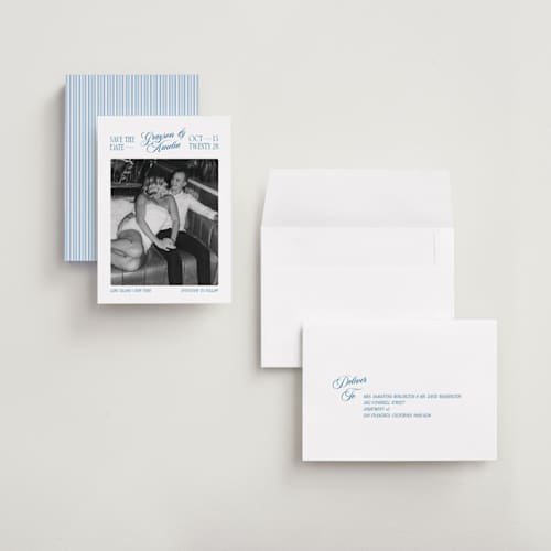 This is a lake save the date with standard by Robert and Stella called opening titles printing on recycled smooth signature in grand