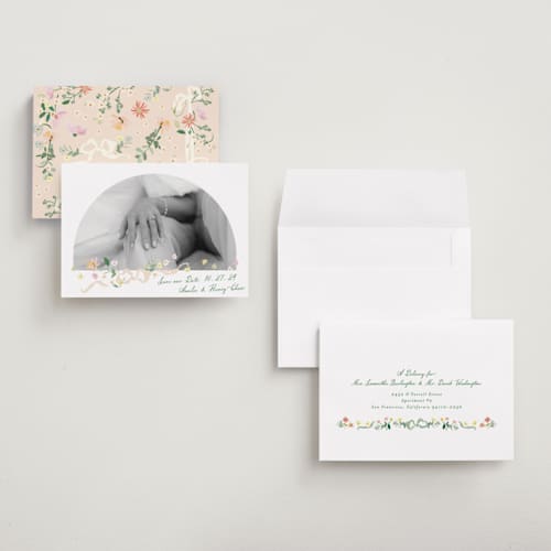 This is a spring save the date with standard by Phrosné Barwood called spring draped garland printing on recycled smooth signature in grand