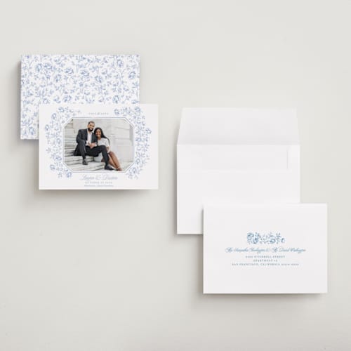 This is a sky save the date with standard by Robert and Stella called framed florals printing on recycled smooth signature in grand