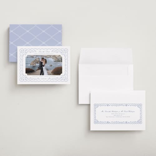 This is a something blue save the date with standard by Erin L. Wilson called tillie printing on recycled smooth signature in grand