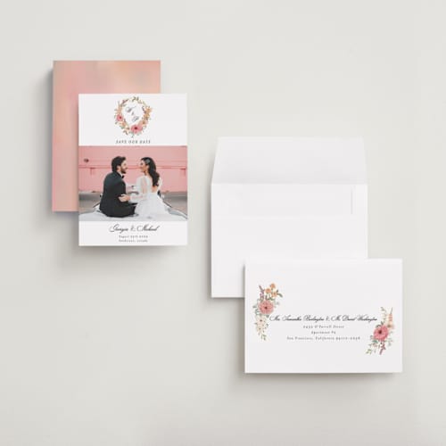 This is a sunset save the date with standard by Susan Moyal called cherished printing on recycled smooth signature in grand