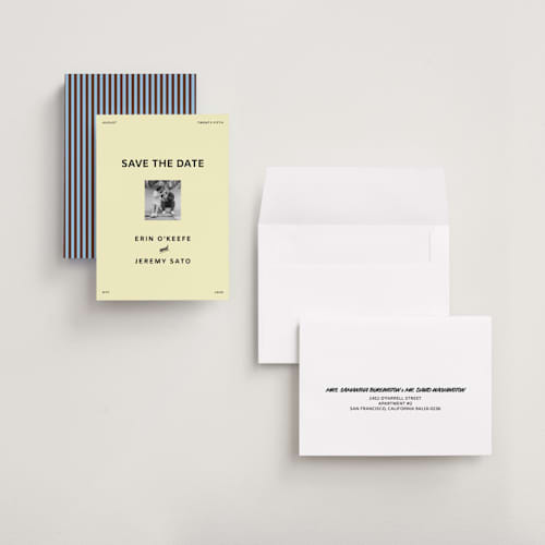 This is a butter save the date with standard by Studio Suku called courthouse printing on recycled smooth signature in grand