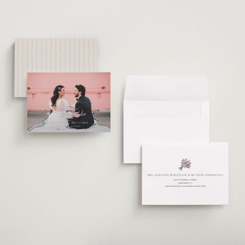 This is a lilac dreams save the date with standard by Design Lotus called lavender dreams printing on recycled smooth signature in grand