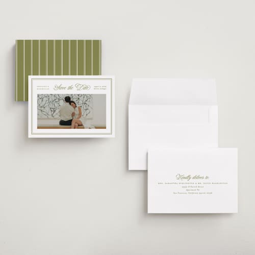 This is a olive save the date with standard by Ellen Schlegelmilch called museo printing on recycled smooth signature in grand