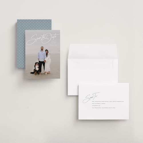 This is a snow save the date with standard by Lauren Chism called sweetest love printing on recycled smooth signature in grand