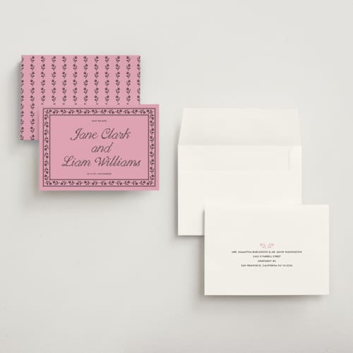 This is a bubblegum save the date with standard by Kelly Watkins called avery printing on signature in grand