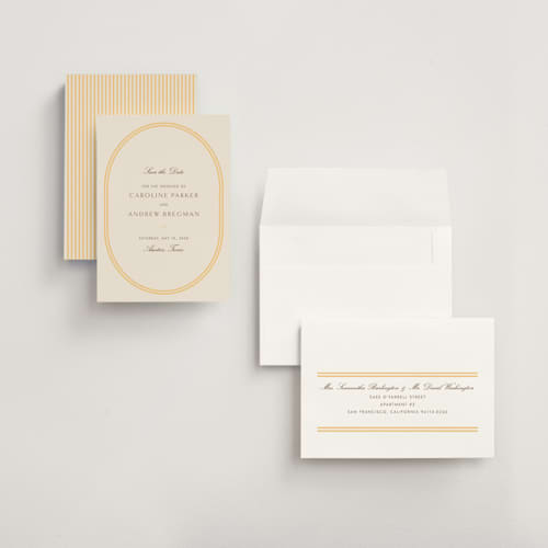 This is a melon save the date with standard by Megan Davis called bocce printing on signature in grand