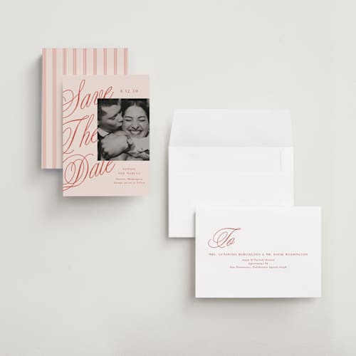 This is a cherry save the date with standard by Alethea and Ruth called script overlay printing on recycled smooth signature in grand