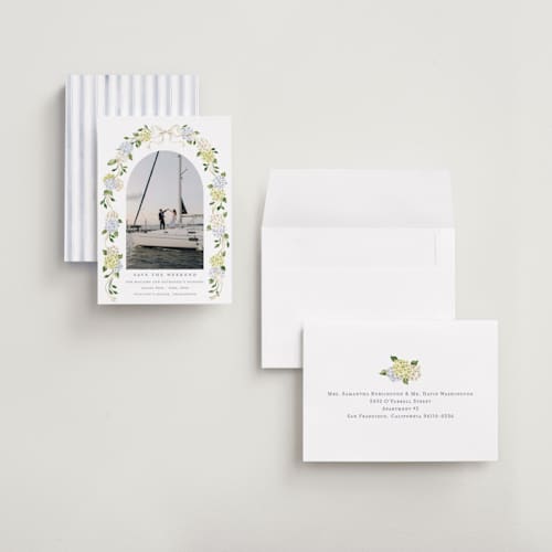 This is a coastline save the date with standard by Sarah Knight called coastal hydrangea printing on recycled smooth signature in grand
