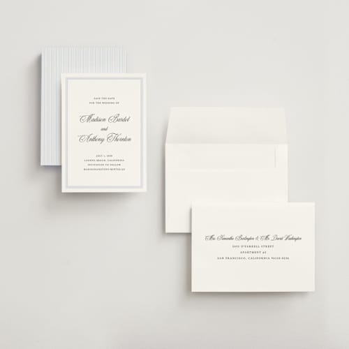 This is a bluebell save the date with standard by Vanessa Doyle called triple border printing on signature in grand