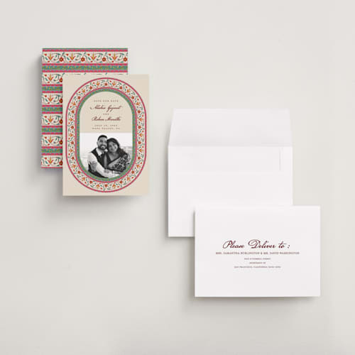 This is a ivory save the date with standard by Sherley Ferreira called mughal gardens printing on recycled smooth signature in grand