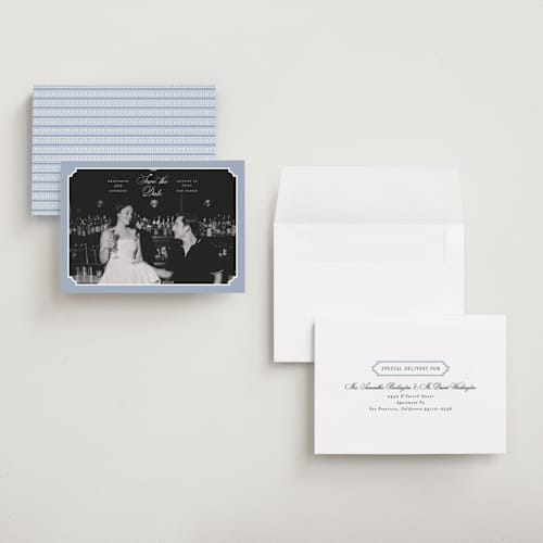 This is a neptune save the date with standard by Heather Schertzer called notched printing on recycled smooth signature in grand