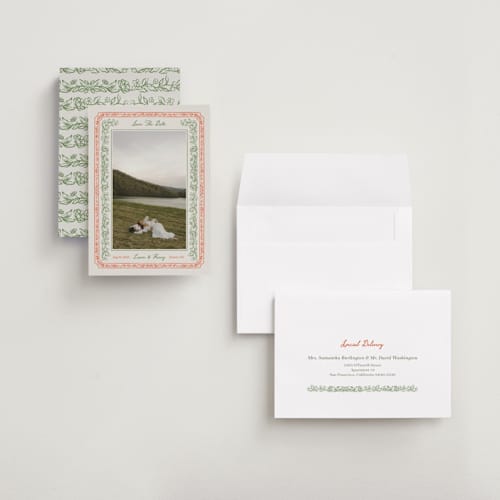 This is a vintage save the date with standard by Elly called romantic floral printing on recycled smooth signature in grand