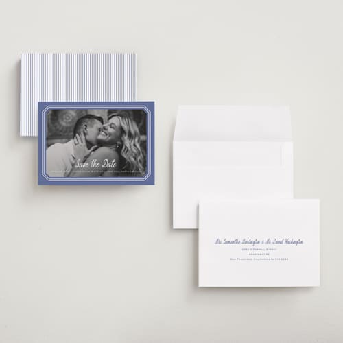 This is a blueberry save the date with standard by Carolyn MacLaren called deluxe printing on recycled smooth signature in grand