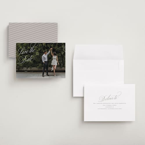 This is a pearl save the date with standard by Pixel and Hank called enamored printing on recycled smooth signature in grand