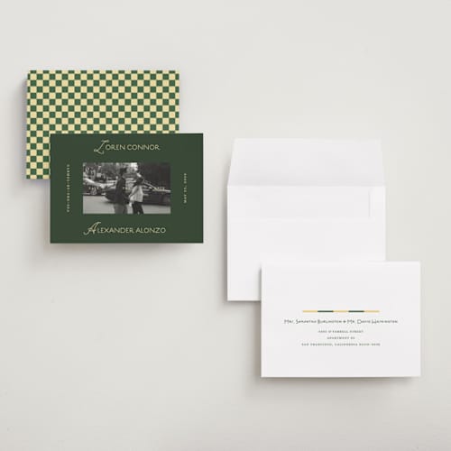 This is a citrus save the date with standard by Angela Quan called grid printing on recycled smooth signature in grand