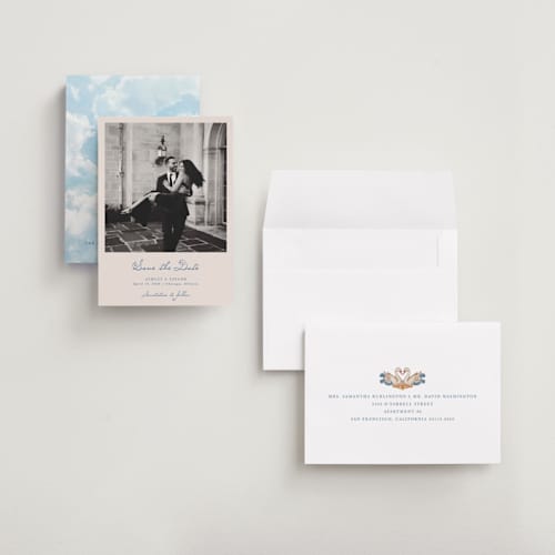 This is a royal save the date with standard by Cass Loh called swan crest printing on recycled smooth signature in grand