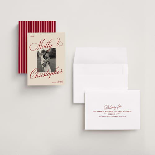 This is a burgundy save the date with standard by Ellen Schlegelmilch called vintage cinema printing on recycled smooth signature in grand