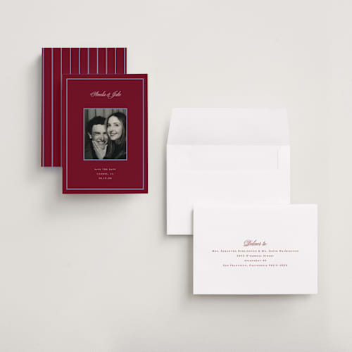 This is a cardinal save the date with standard by Laura Vuletic called orion printing on recycled smooth signature in grand
