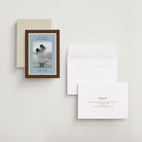 This is a coffee save the date with standard by Ellen Schlegelmilch called festive polka printing on recycled smooth signature in grand