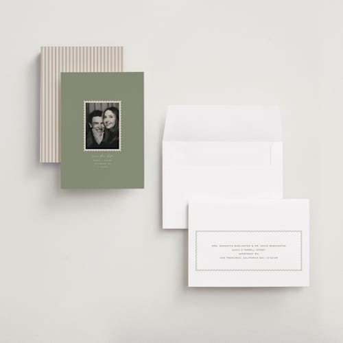 This is a sage save the date with standard by Sierra Lee called post printing on recycled smooth signature in grand