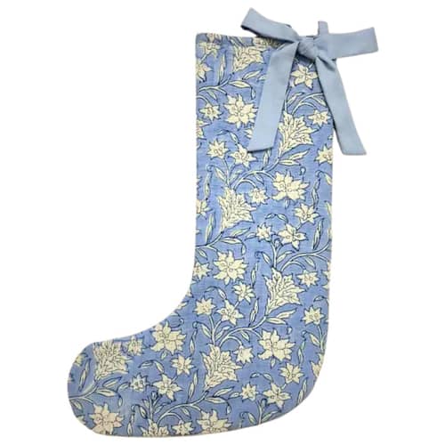 This is a multicolor holiday decorations by Inner Child called blue holiday floral blockprint stocking in standard