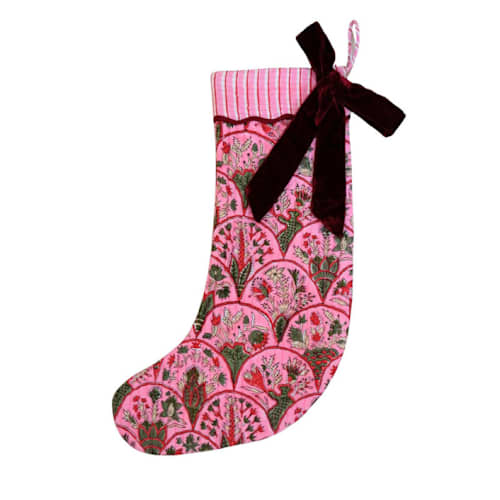 This is a multicolor holiday decorations by Inner Child called blockprint stocking in holiday arch in standard