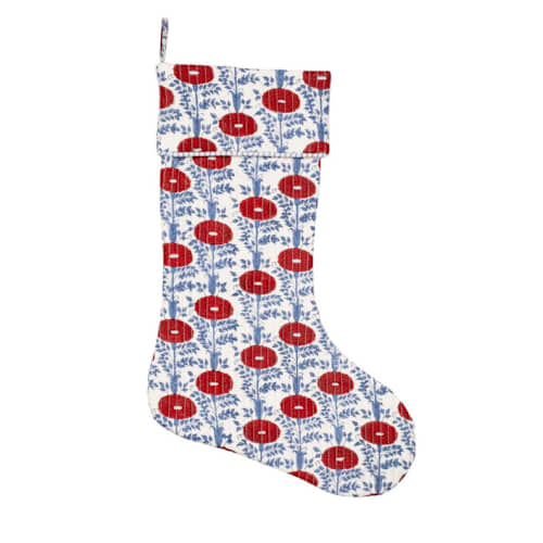 This is a multicolor holiday decorations by Inner Child called blockprint stocking in araminta red in standard